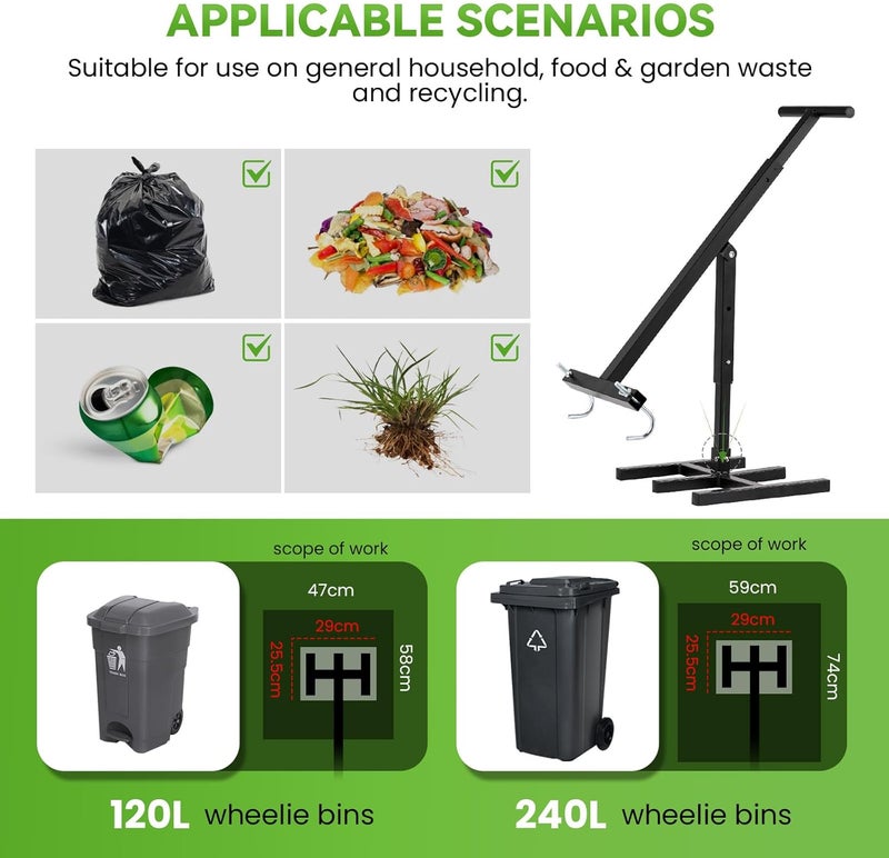 NEWTRY Manual Trash Compactor, 120L-240L Home Manual Garbage Compressor with Adjustable Handle Outdoor Wheelie Bin Rubbish Compactor for Kitchen, Garden, Restaurant, Office - Image 5